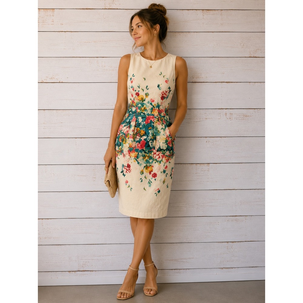Maeve Floral Sheath Dress Womens 6 Ivory Watercolor Cotton Pockets Cutout Back
